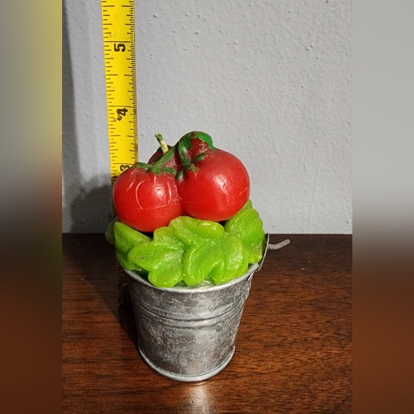 Candle Bucket of Tomatoes 3.5" High Red, Green, Silver Bucket - Picture 2 of 7
